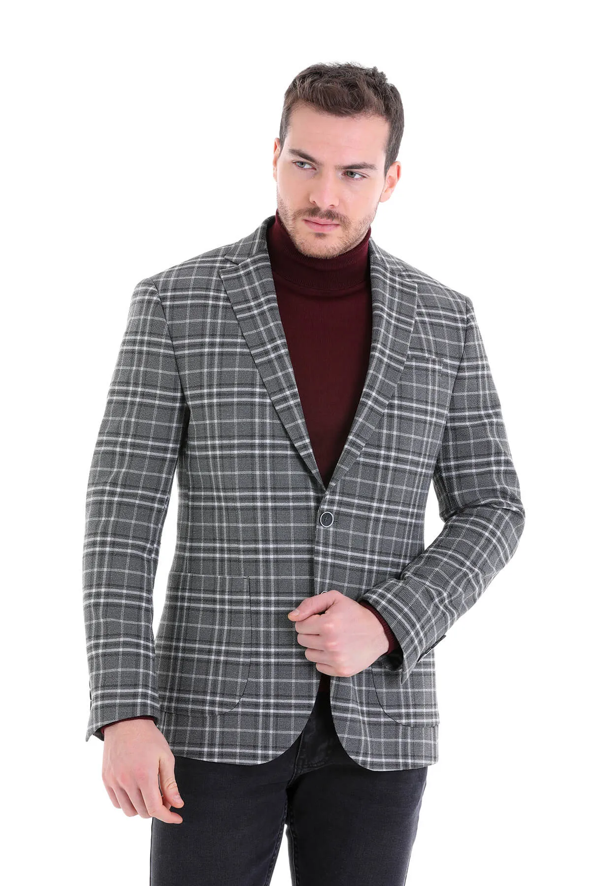 Comfort Fit Notch Lapel Gray Plaid Classic Blazer