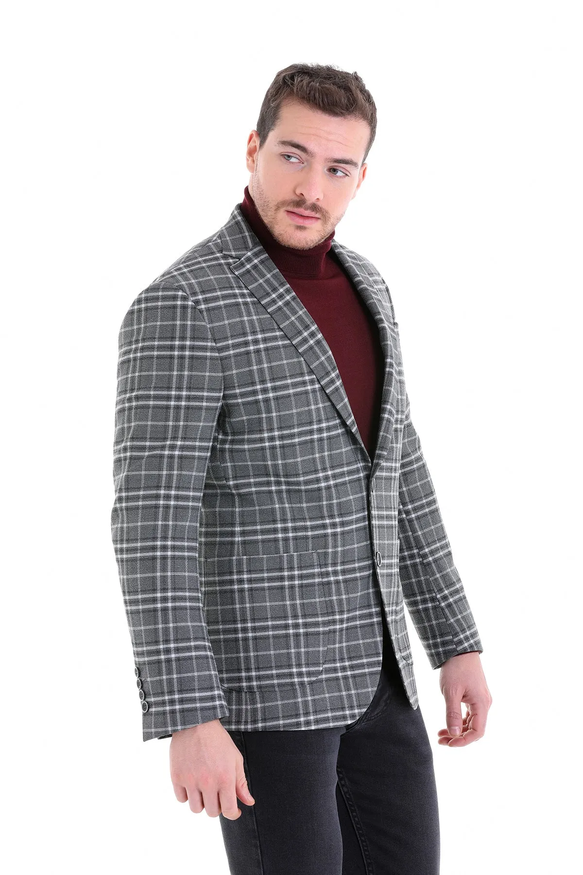 Comfort Fit Notch Lapel Gray Plaid Classic Blazer