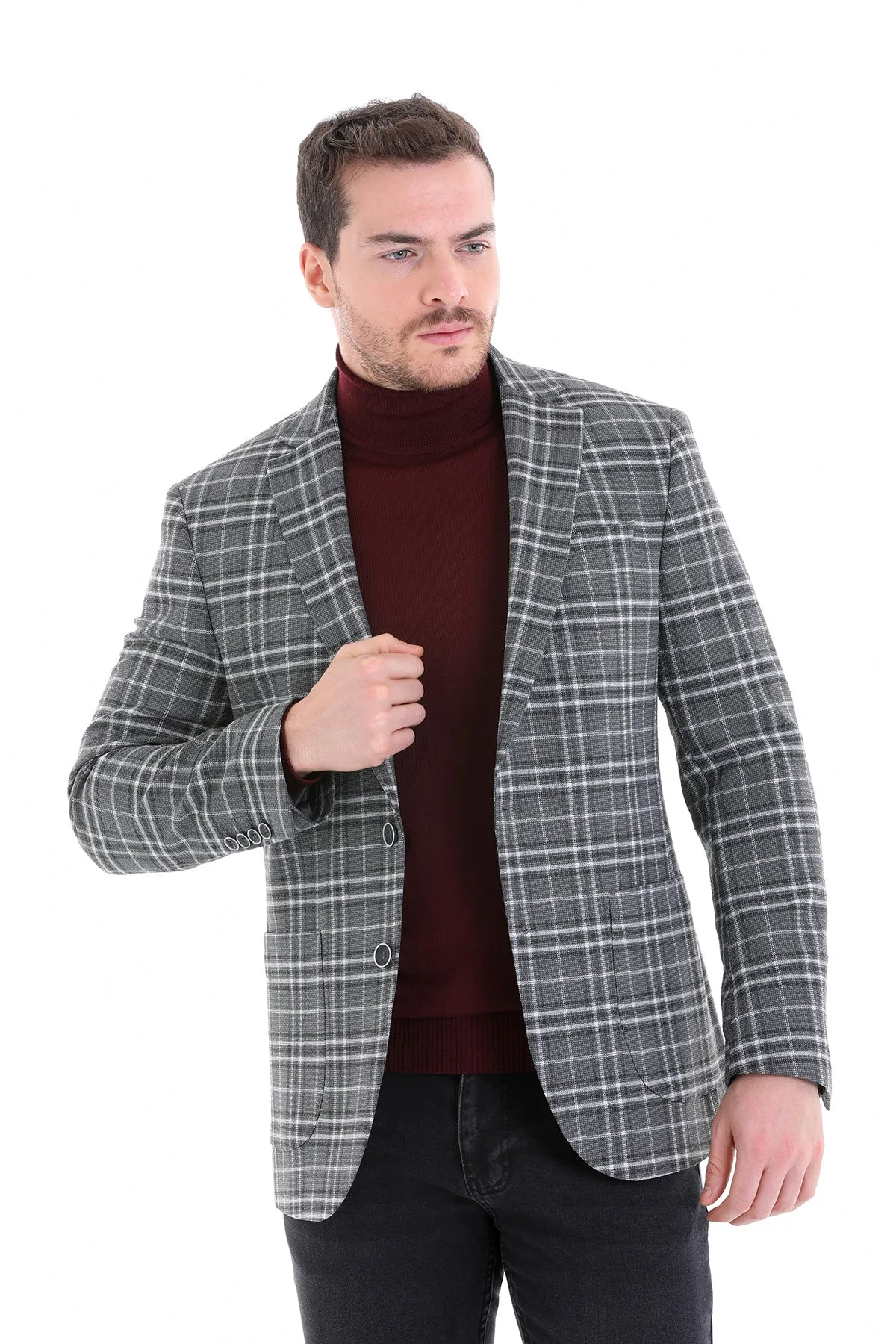 Comfort Fit Notch Lapel Gray Plaid Classic Blazer