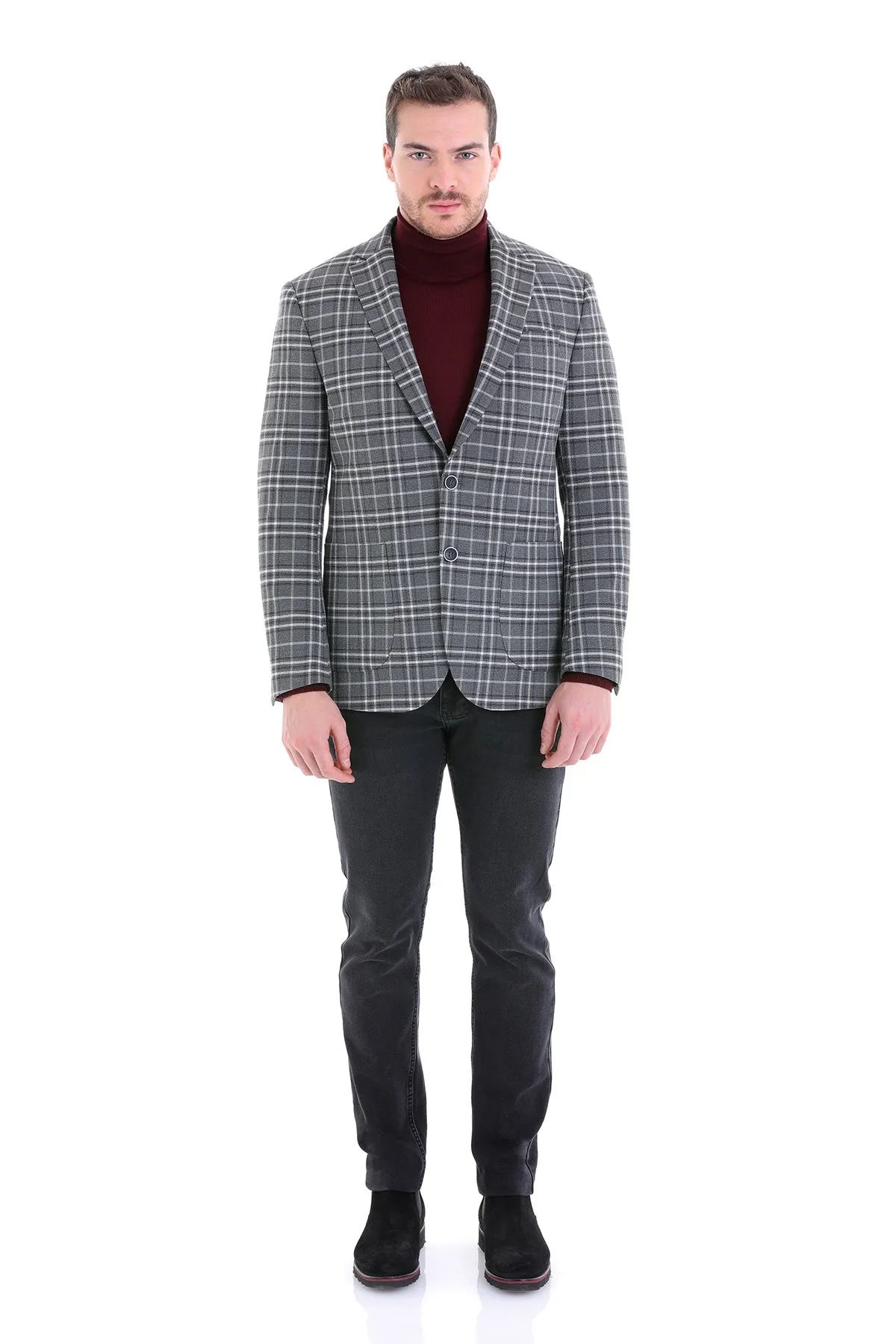 Comfort Fit Notch Lapel Gray Plaid Classic Blazer