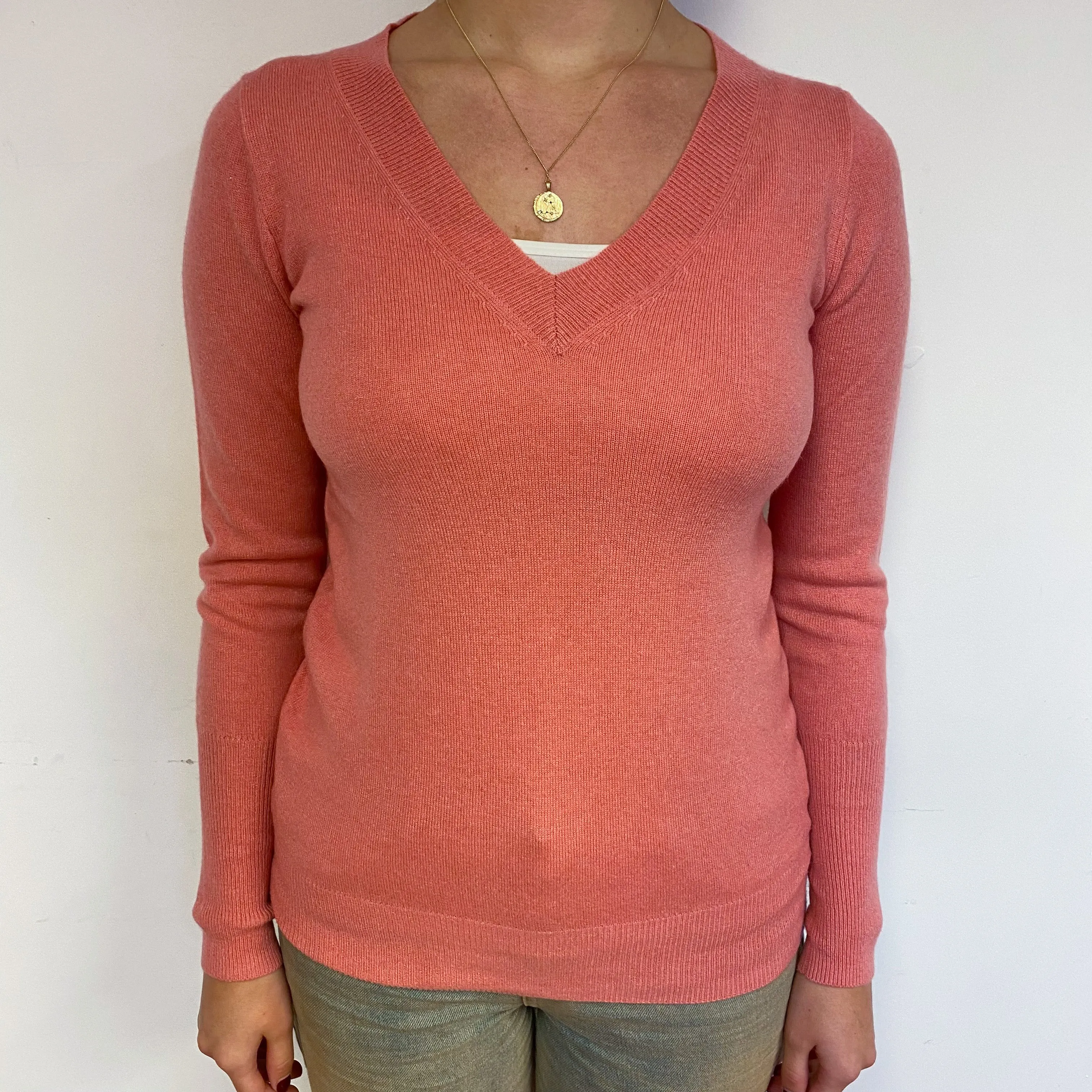 Coral Pink Cashmere V-Neck Jumper Small