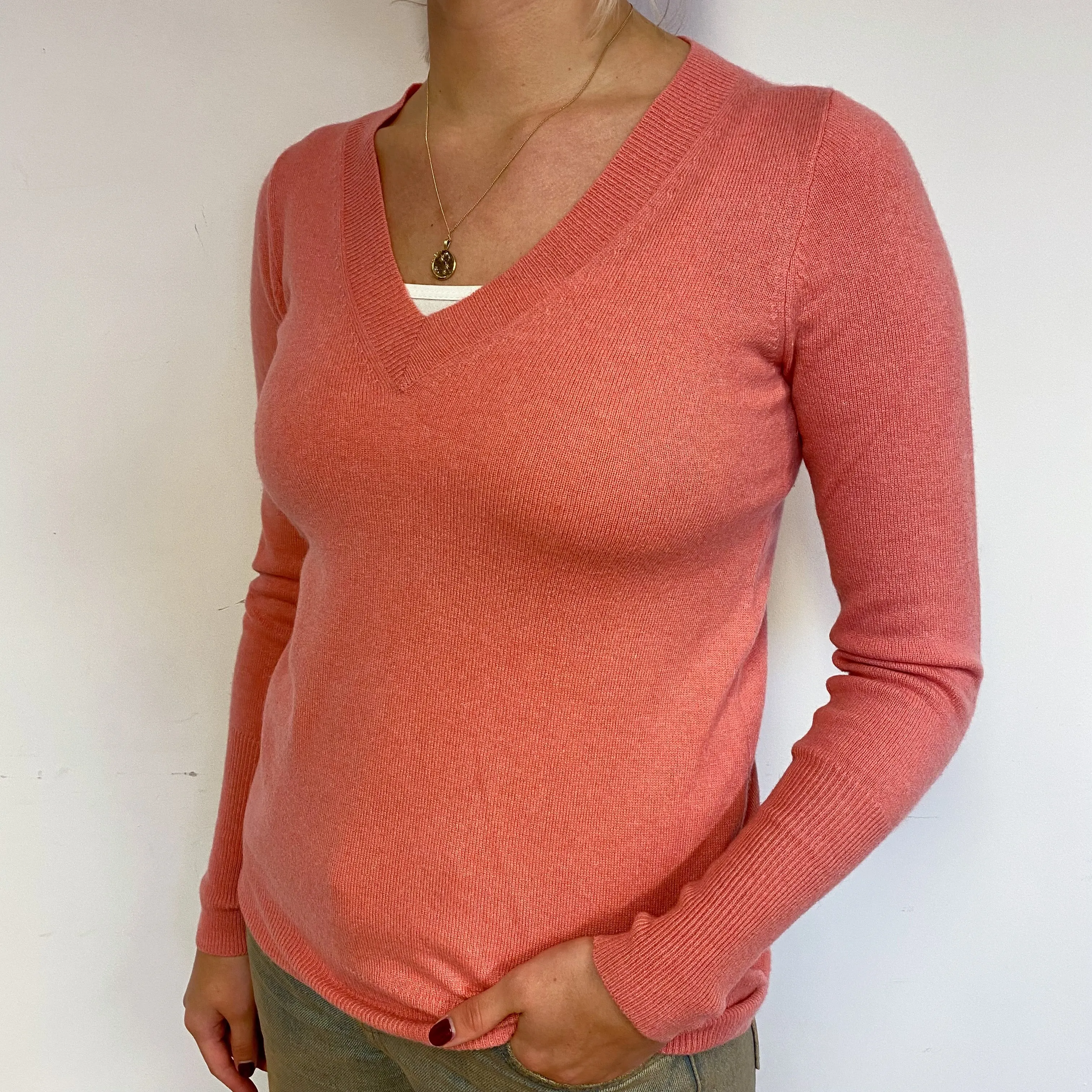 Coral Pink Cashmere V-Neck Jumper Small