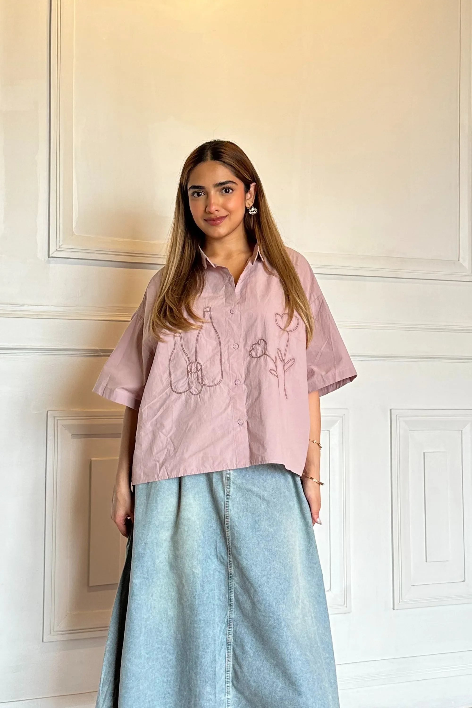 Cotton Shirt With Line Embroidery