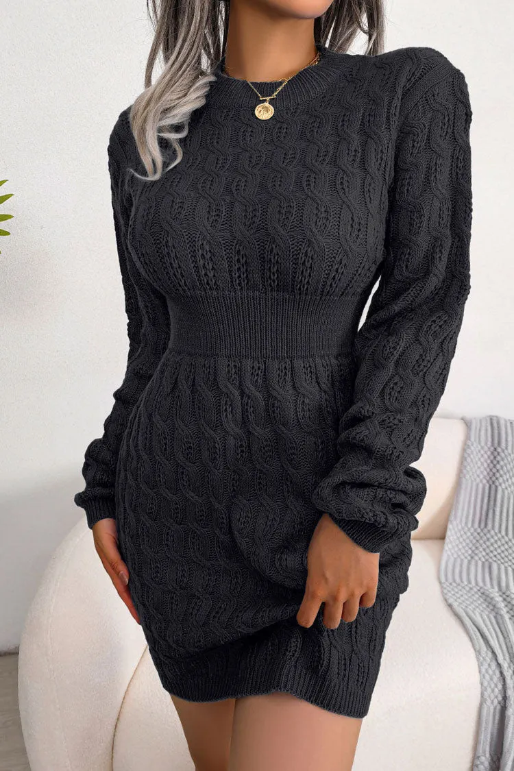 Cozy Winter Fisherman Cable Knit Bodycon Sweater Mini Dress - Black