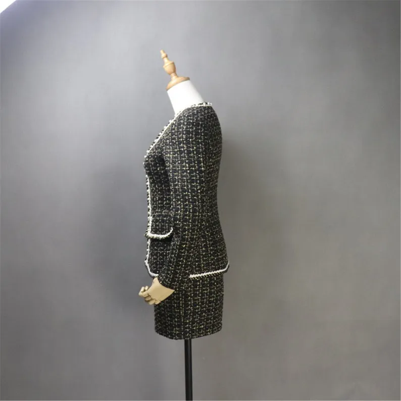 Custom Made Black Suit Golden Checked Pattern Tweed Sheath Dress   Jacket