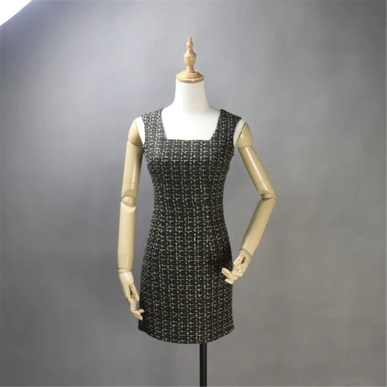 Custom Made Black Suit Golden Checked Pattern Tweed Sheath Dress   Jacket