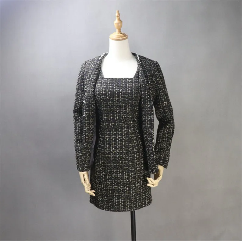 Custom Made Black Suit Golden Checked Pattern Tweed Sheath Dress   Jacket