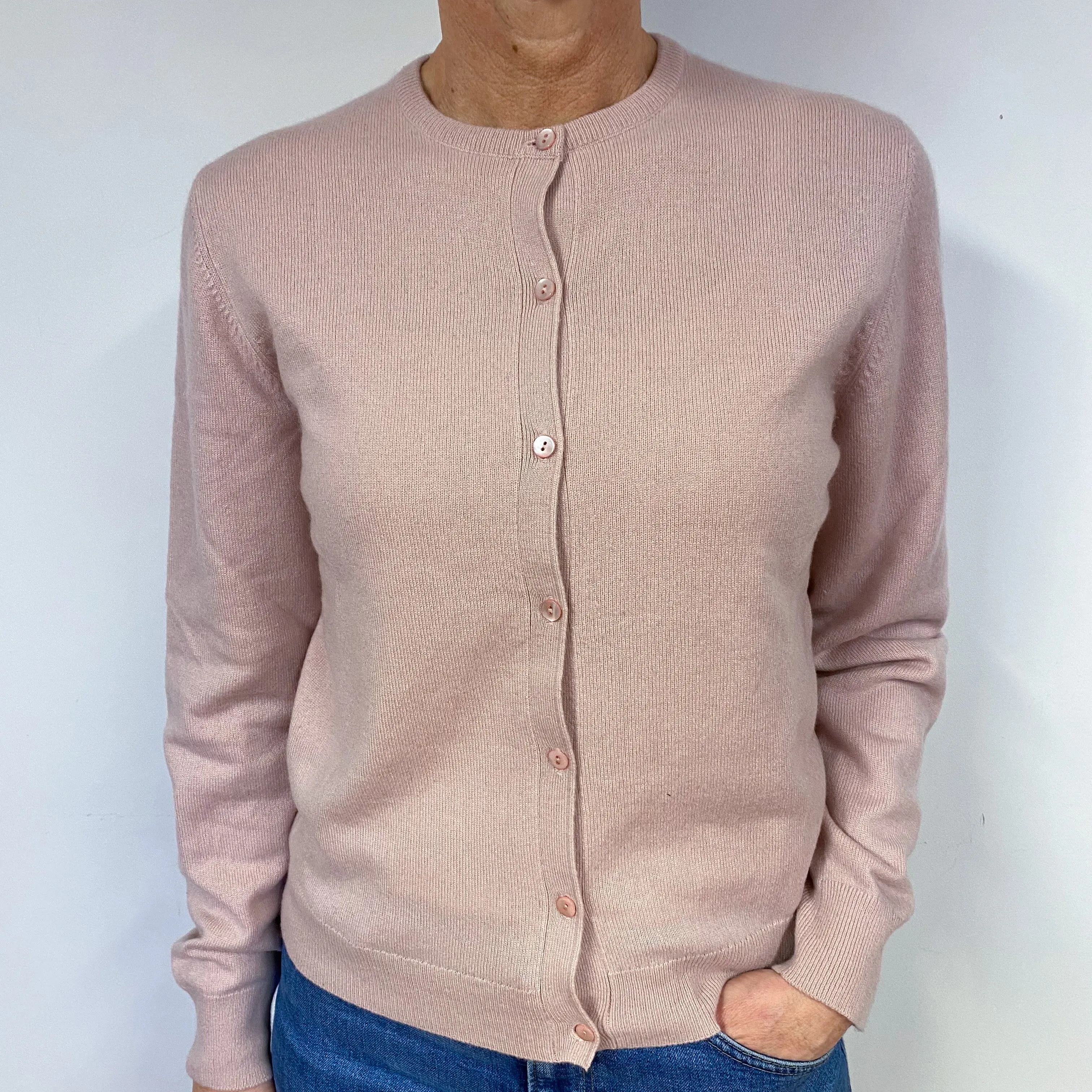 Dusky Pink Cashmere Crew Neck Cardigan Medium