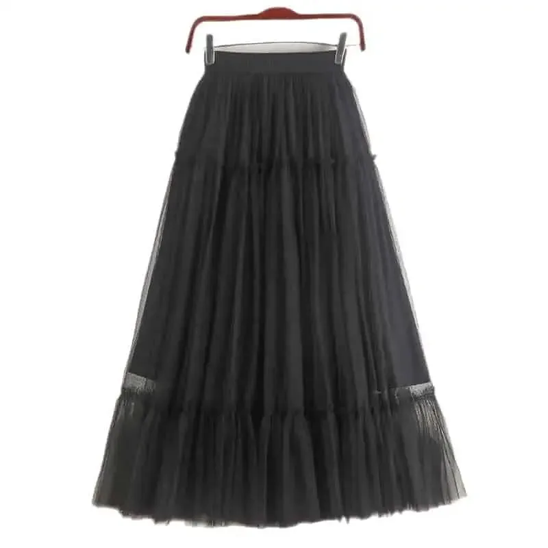 Elegant High Waist Pleated Tutu Tulle Long Skirt