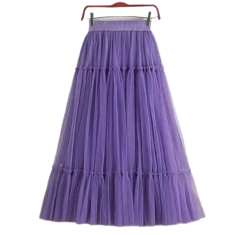 Elegant High Waist Pleated Tutu Tulle Long Skirt