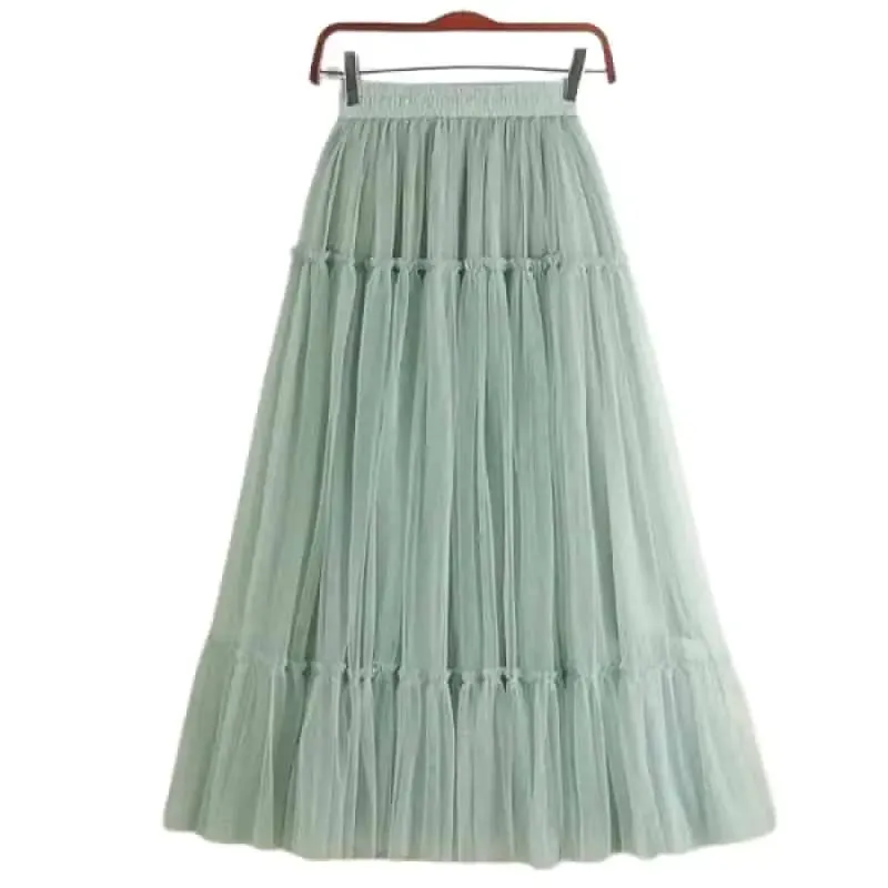 Elegant High Waist Pleated Tutu Tulle Long Skirt