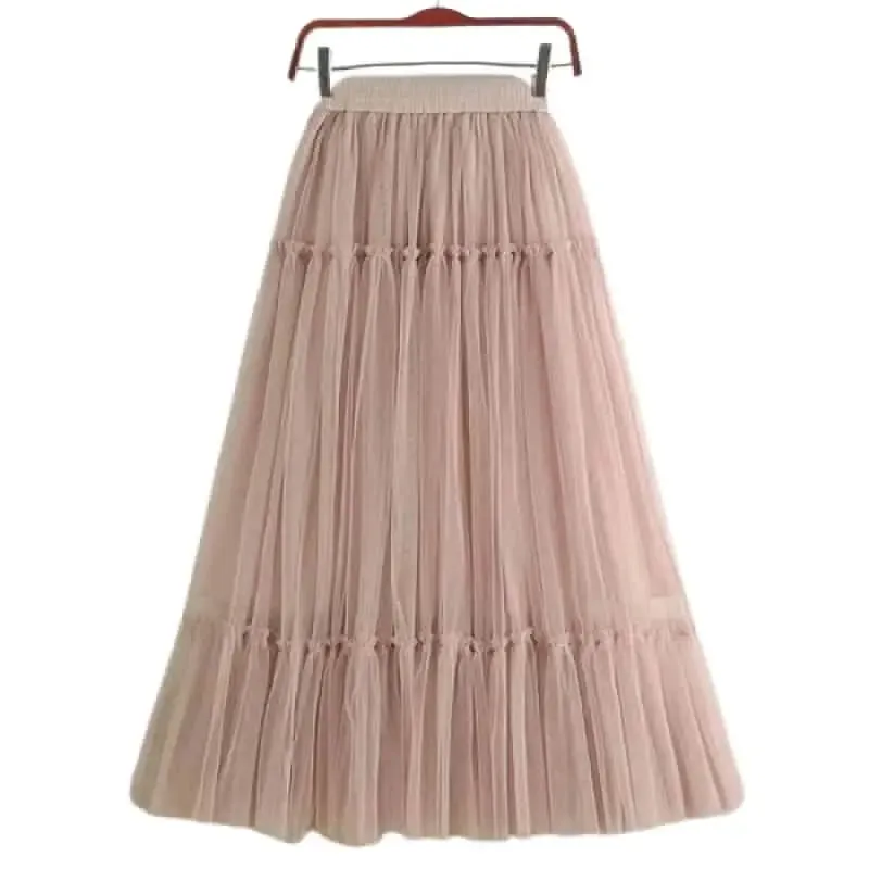 Elegant High Waist Pleated Tutu Tulle Long Skirt