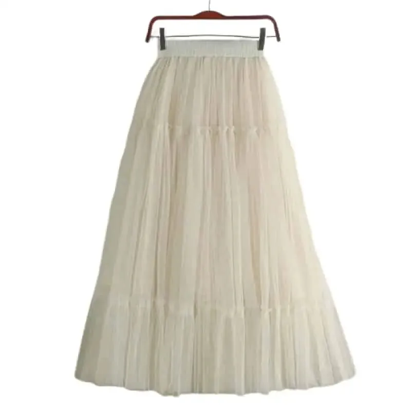 Elegant High Waist Pleated Tutu Tulle Long Skirt