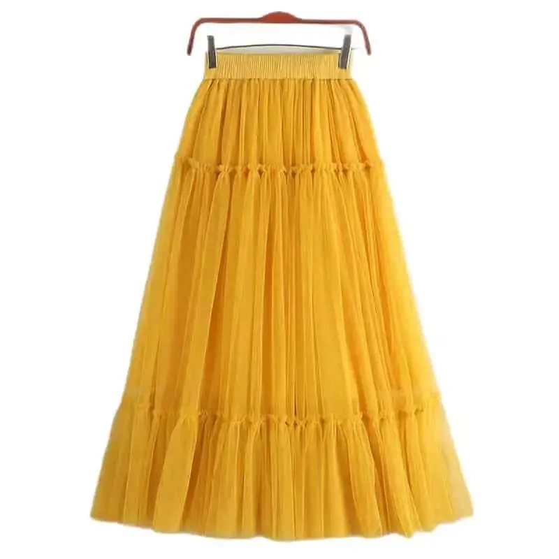 Elegant High Waist Pleated Tutu Tulle Long Skirt