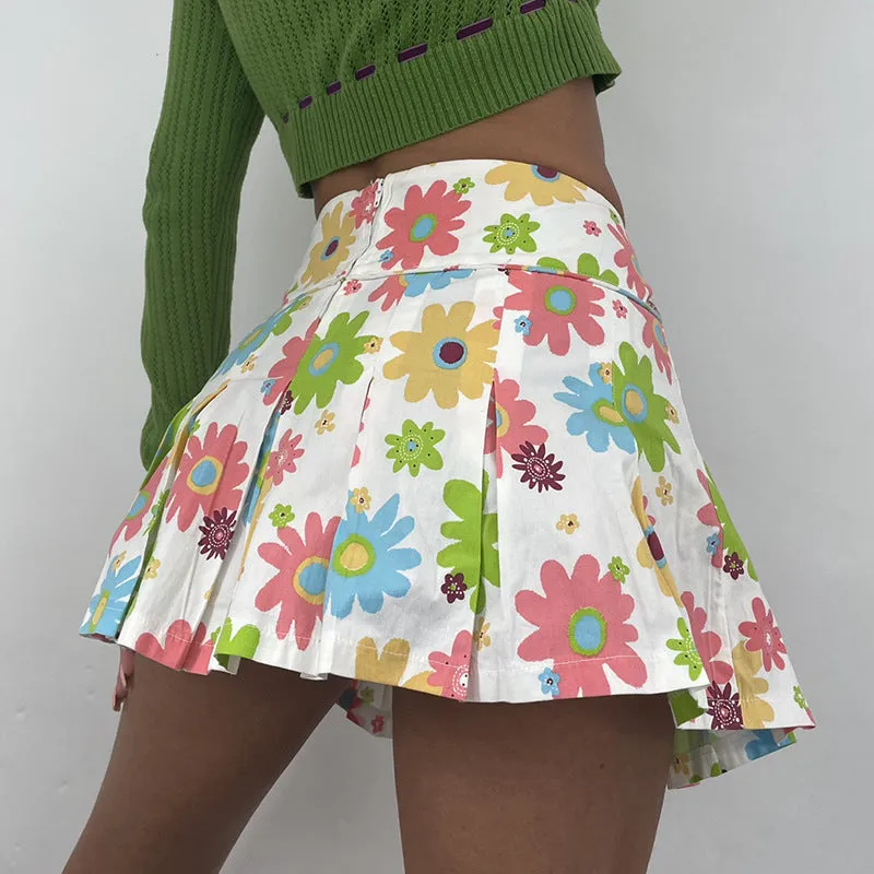 Fashionable contrast flower pattern prints slim pleated skirt high waist for early spring and autumn women