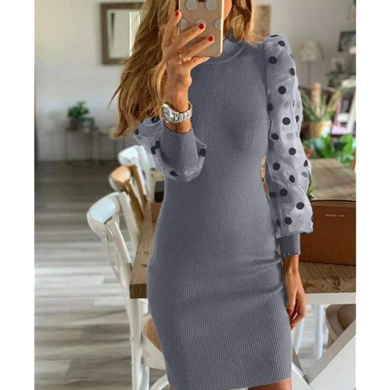 FashionSierra - Fashion Women's Polka Dot Long Puff Sleeve Jumper Pencil Dress Sexy Ladies Knit Bodycon Sweater Slim Fit Dress