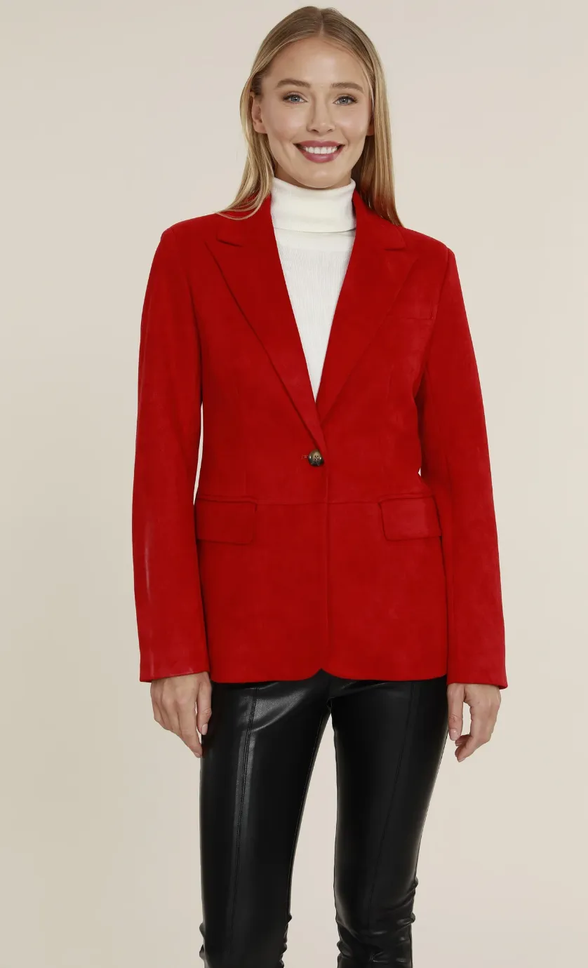 Faux Suede One Button Red Blazer