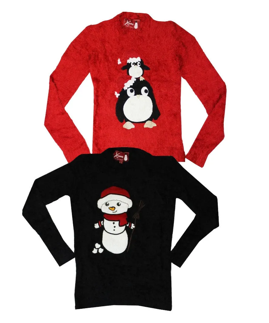 Girls Soft Fluffy Snowman Embroidery Long Sleeve Christmas Jumper