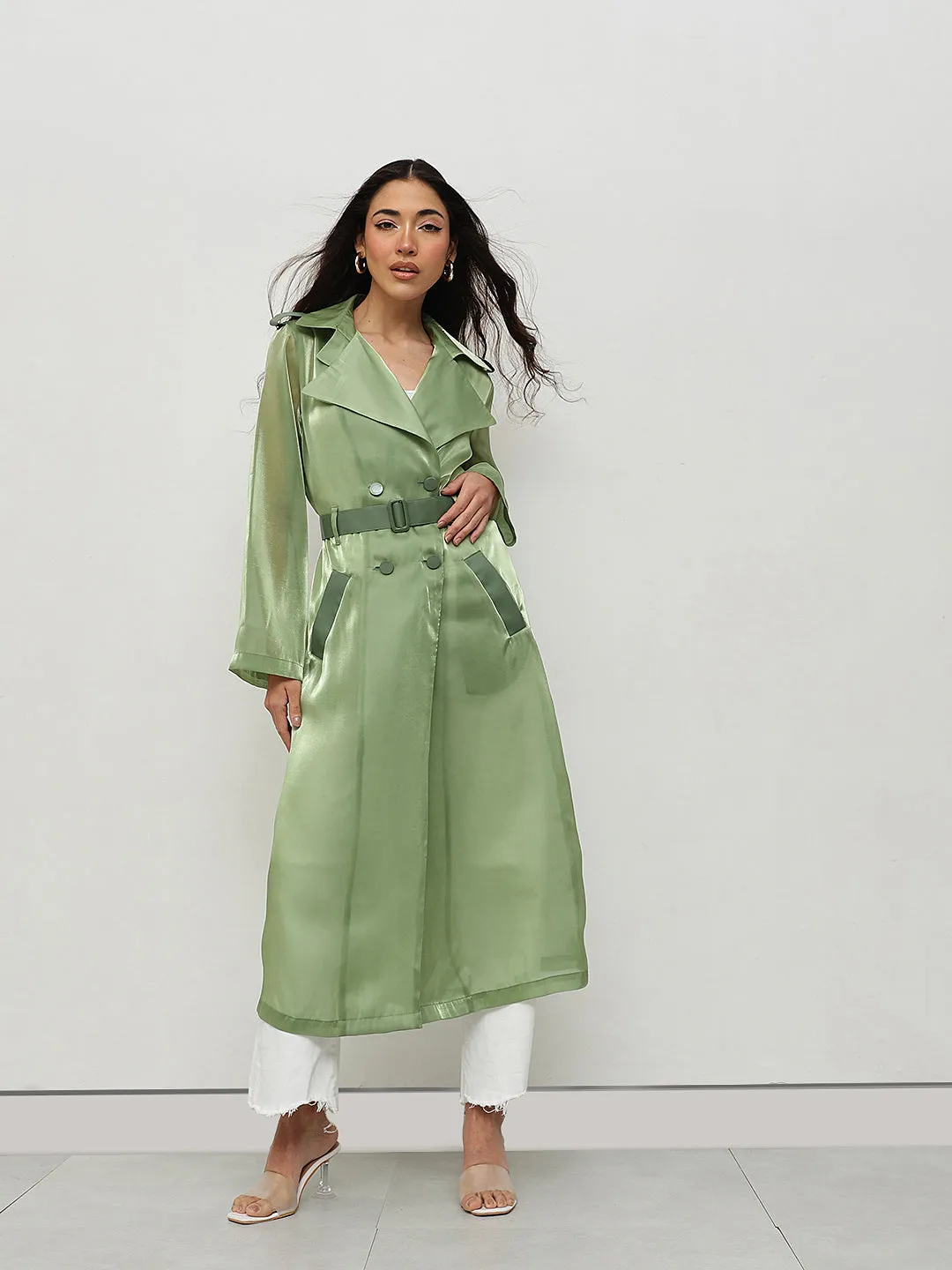 Green Belted Trench Coat