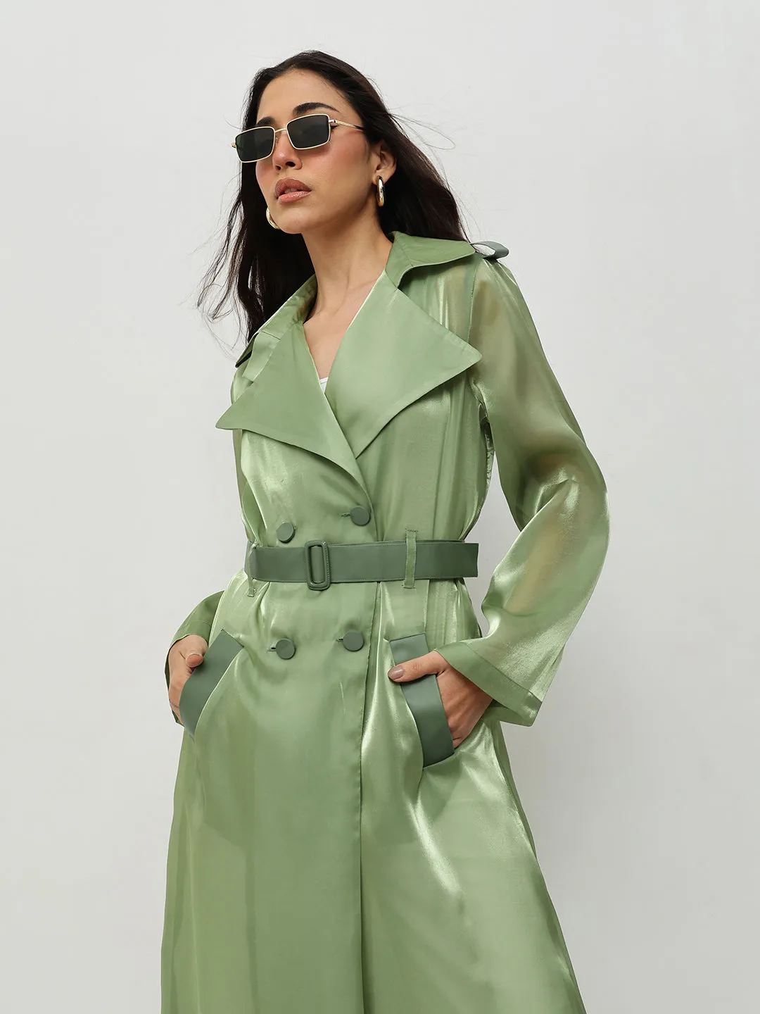 Green Belted Trench Coat