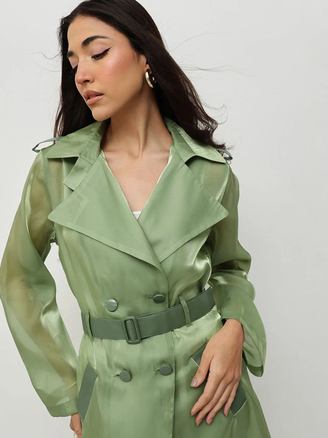 Green Belted Trench Coat