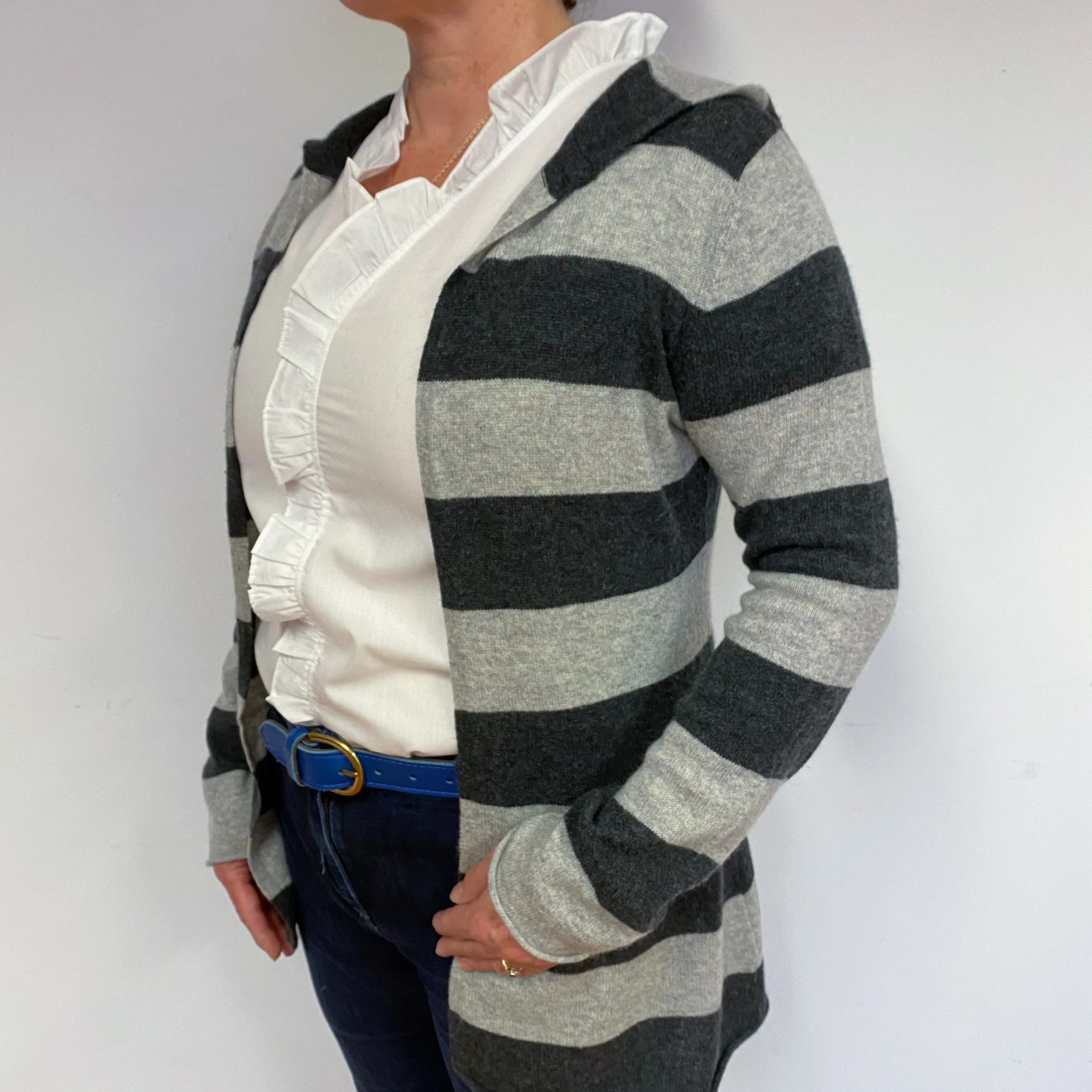 Grey Stripe Cashmere Edge to Edge Hooded Cardigan Large