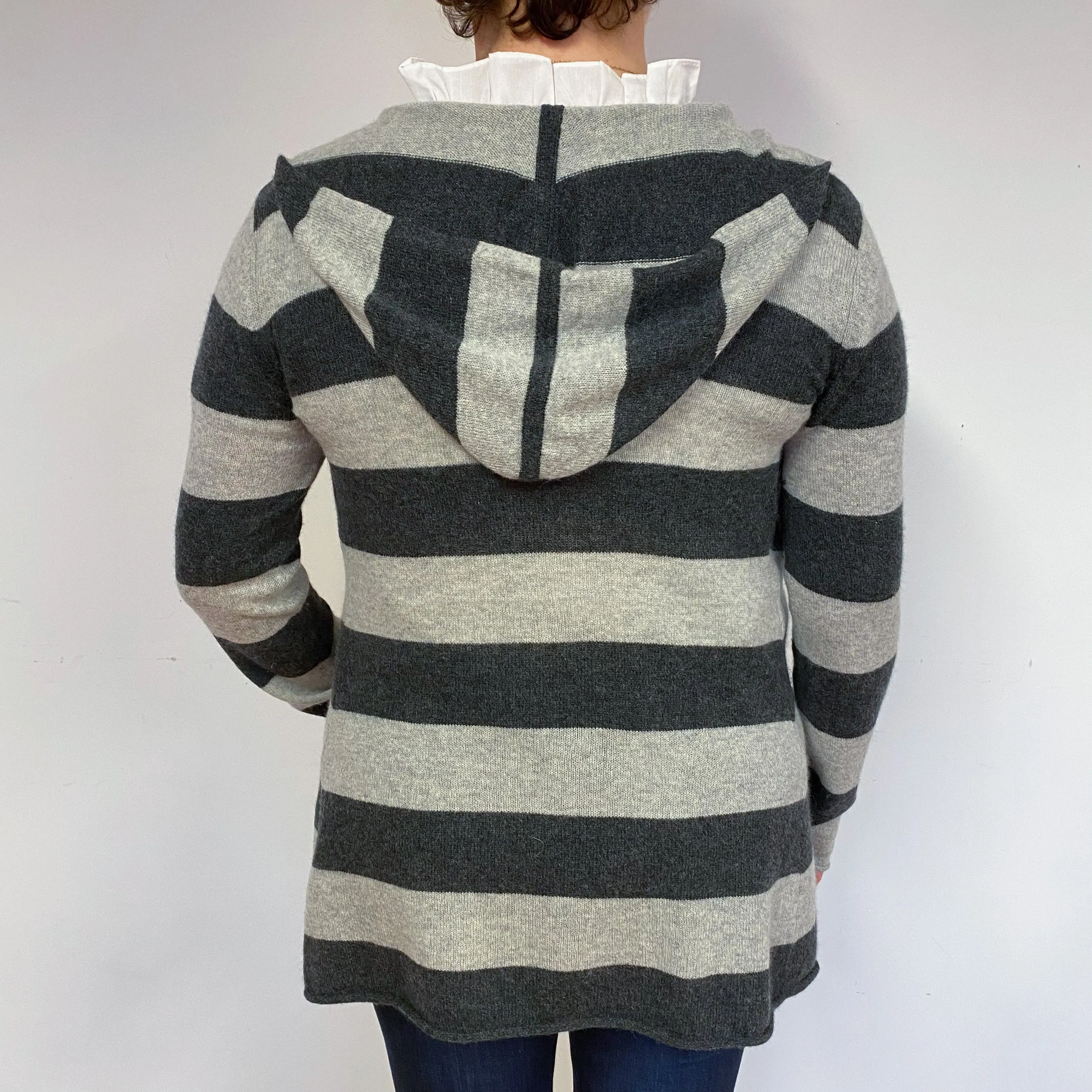 Grey Stripe Cashmere Edge to Edge Hooded Cardigan Large