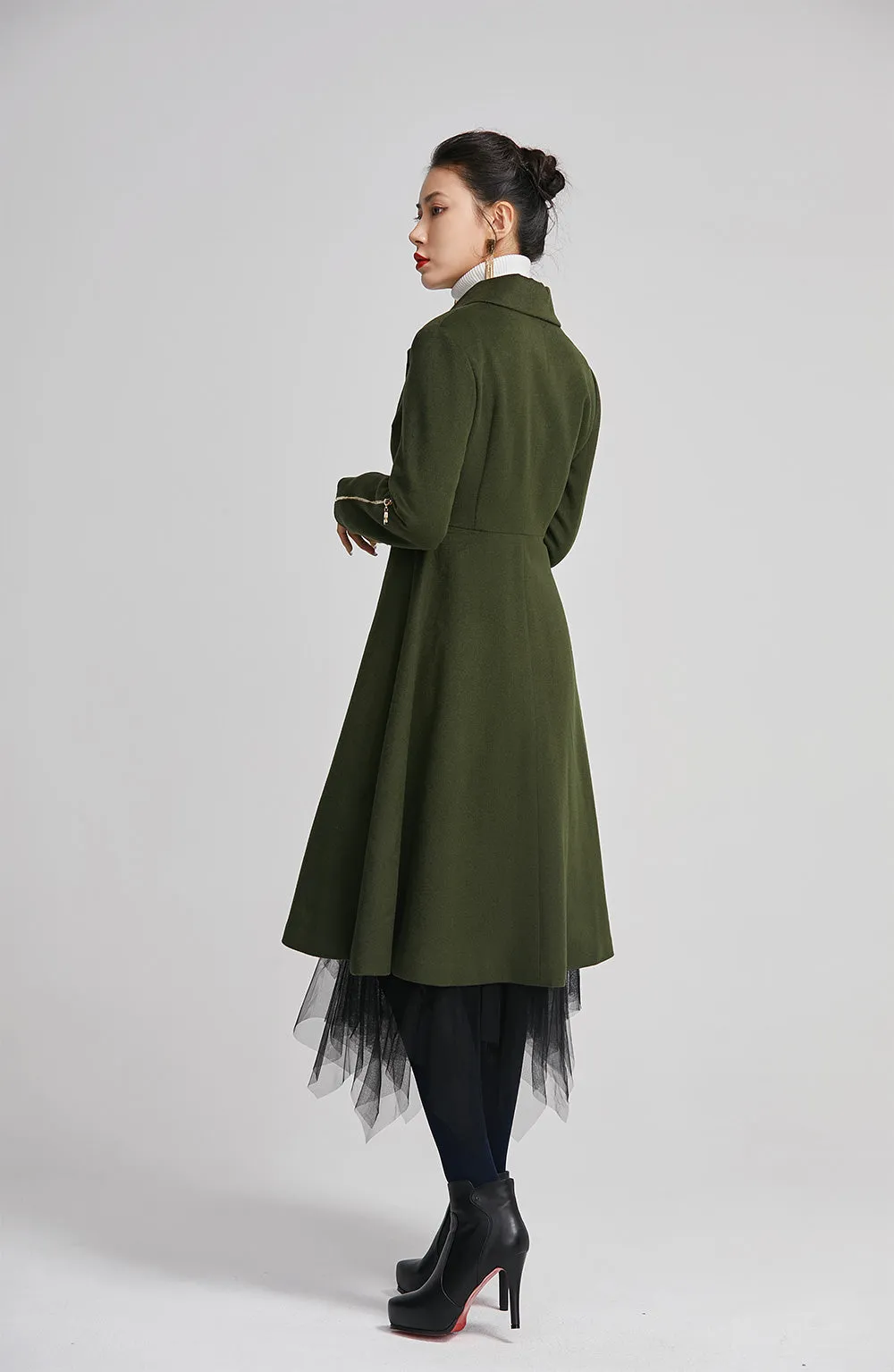 handmade dark green winter coat with single breasted for women 2257