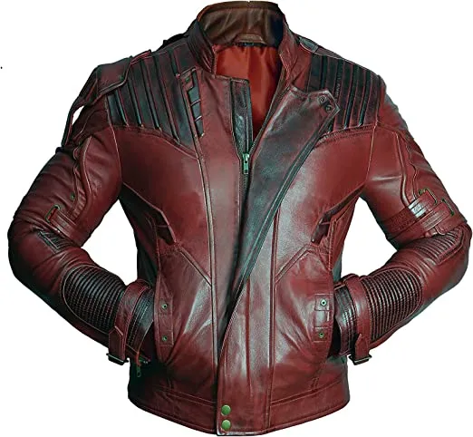 Handmade Galaxy Costume: Men's Guardians Inspired Distressed Red Maroon Leather Jacket