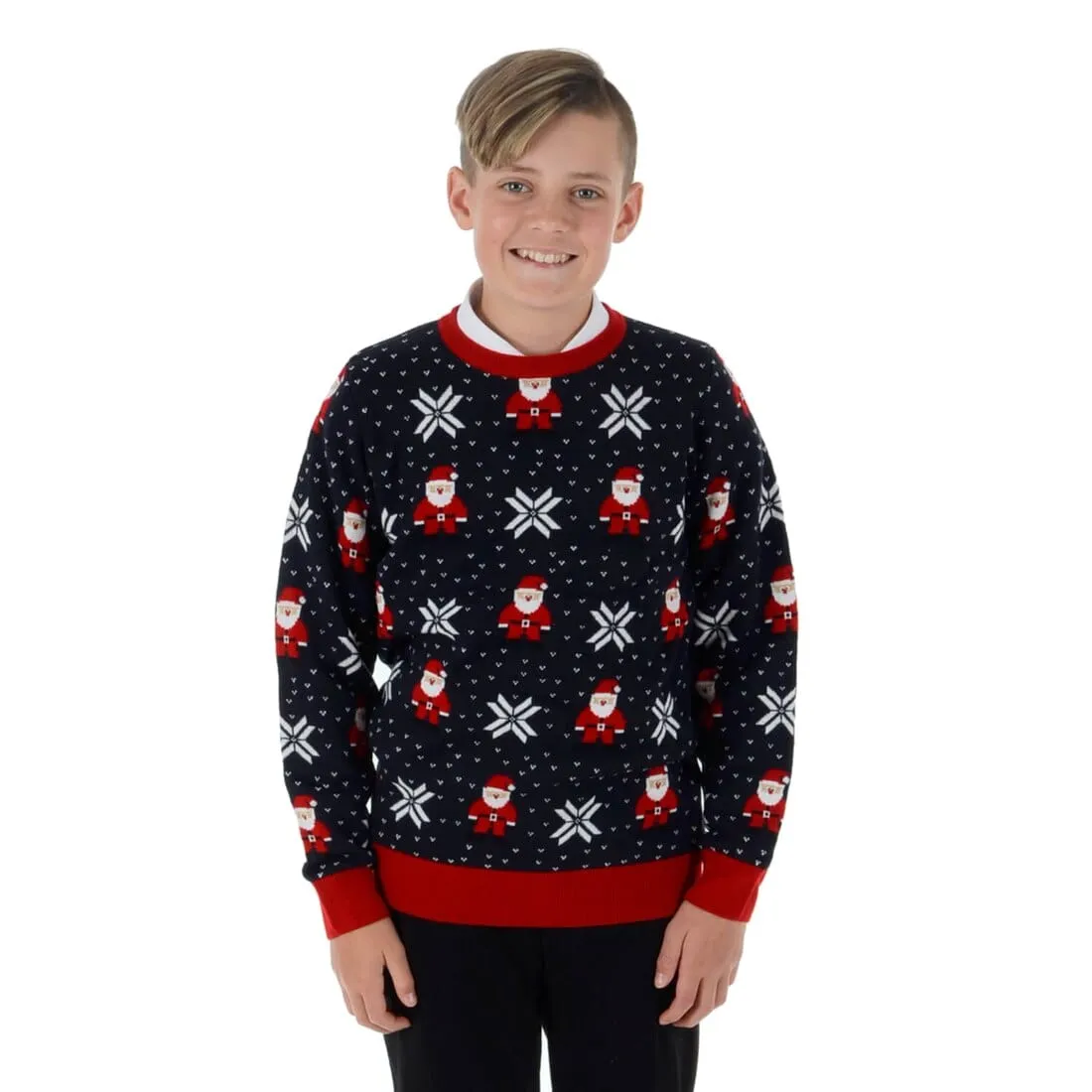 Kids Fair Isle Christmas Jumper Santa Snowflakes Pattern