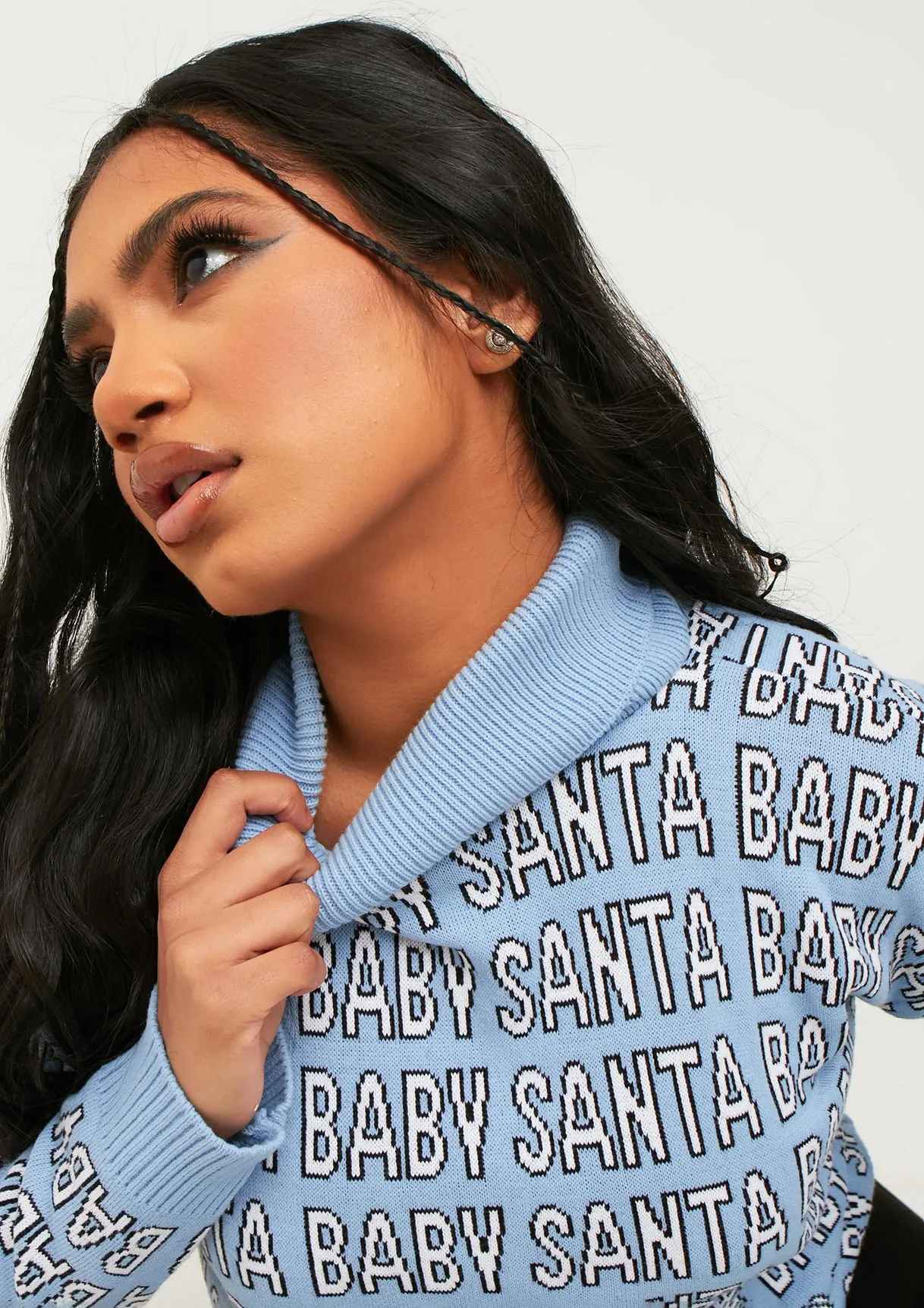 Lauri Blue Knitted 'Santa Baby' High Neck Jumper