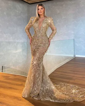 Long Sleeve Gold Mermaid Gown