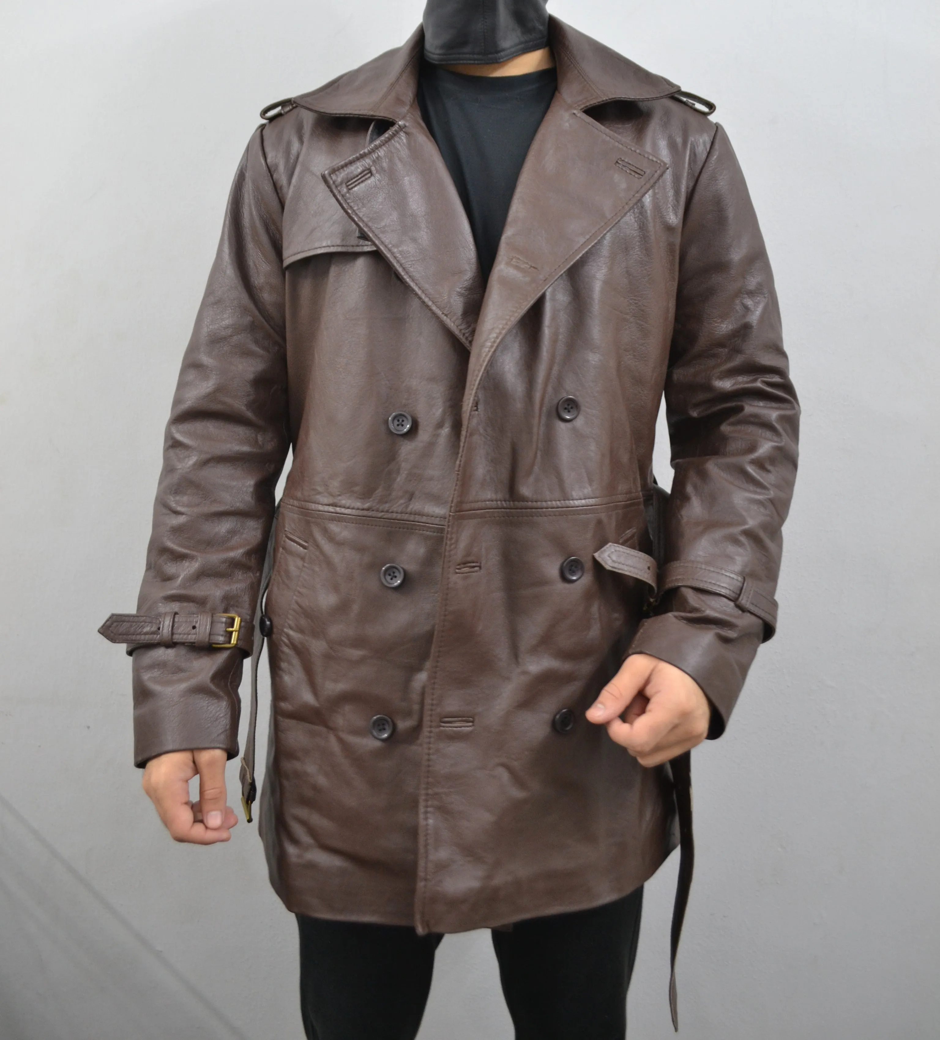 Men's Brown Belted Mid-Length Genuine Sheepskin Leather Trench Coat