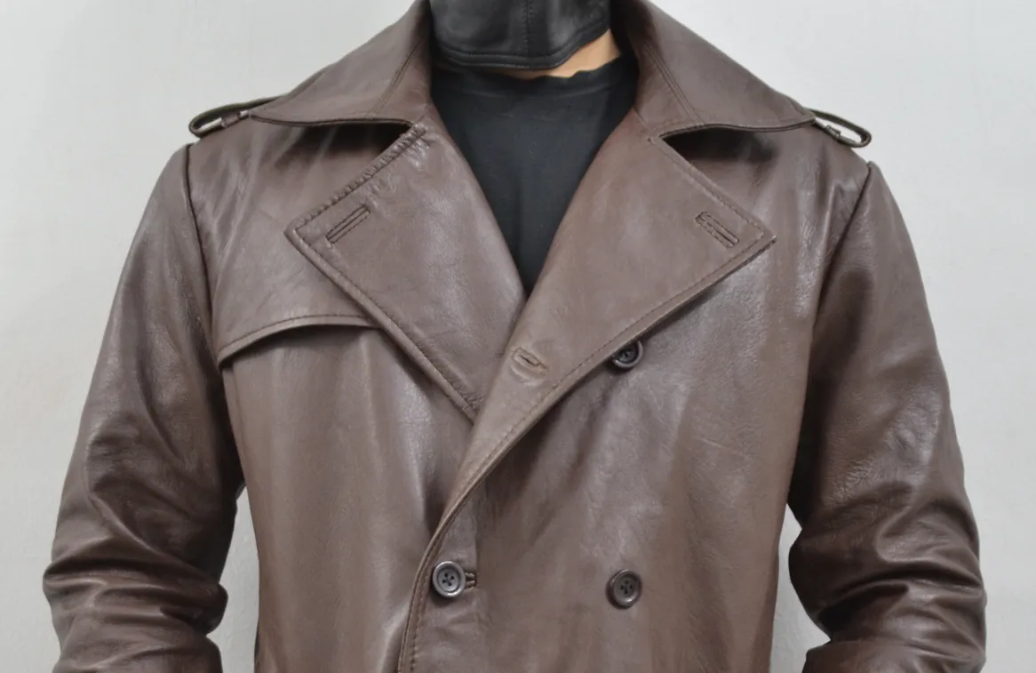 Men's Brown Belted Mid-Length Genuine Sheepskin Leather Trench Coat