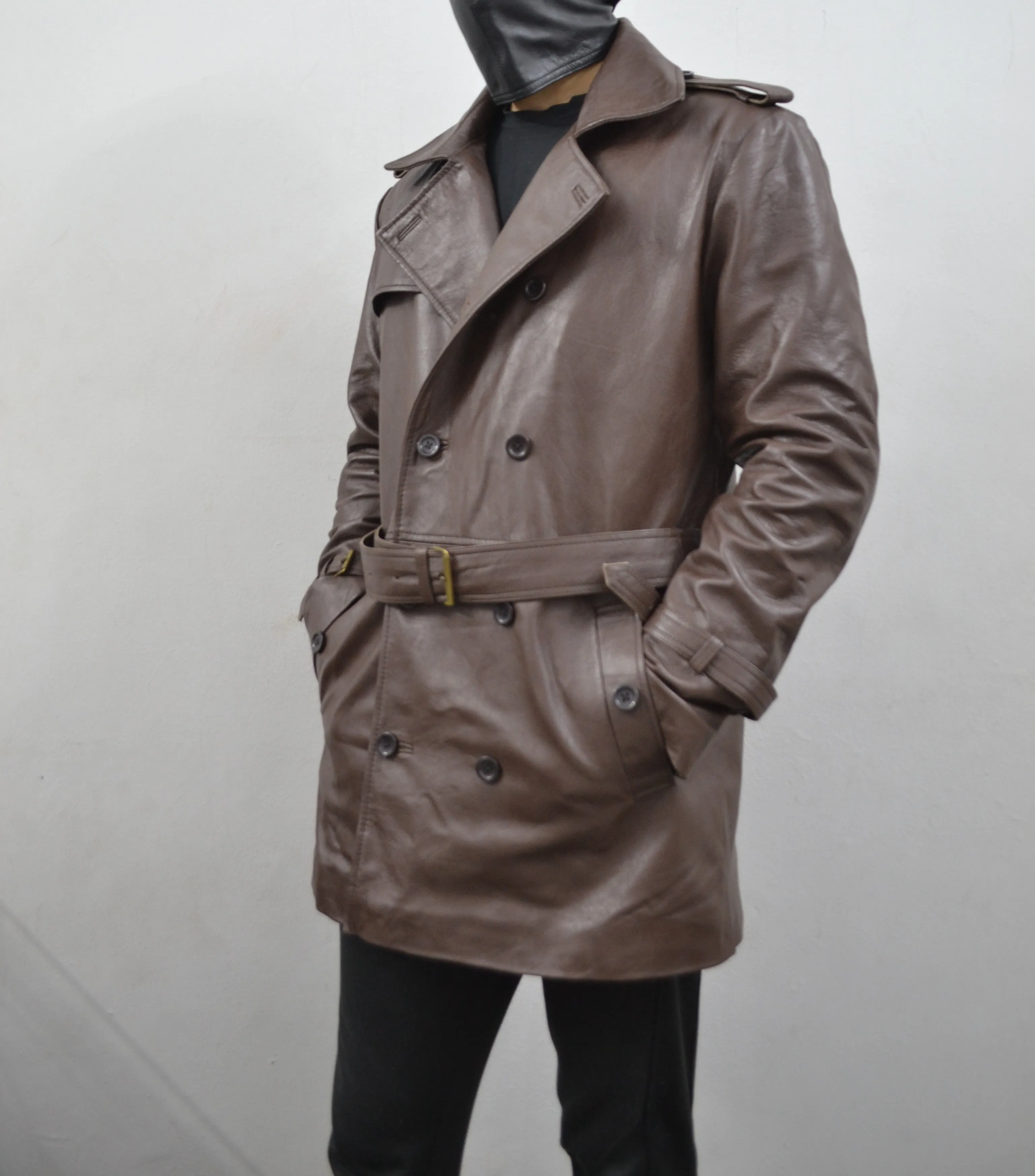 Men's Brown Belted Mid-Length Genuine Sheepskin Leather Trench Coat