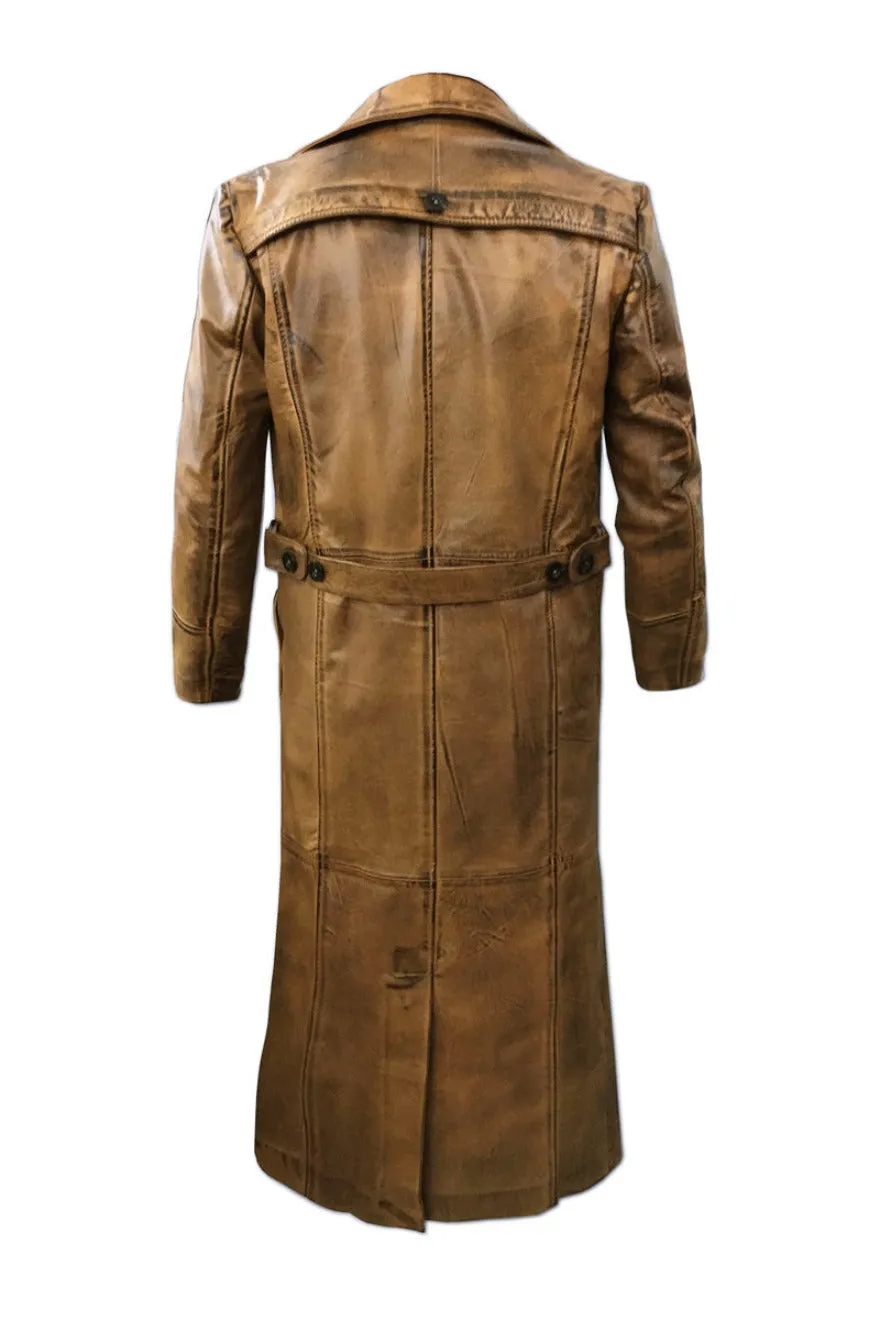 Mens Brown Leather Trench Coat Full Length