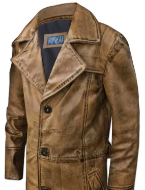 Mens Brown Leather Trench Coat Full Length