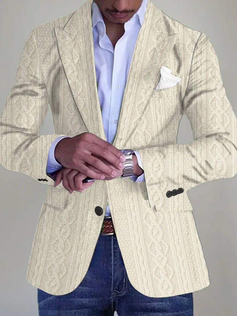 Men's Knitted Jacquard Print Pocket Lapel Retro Casual Blazer