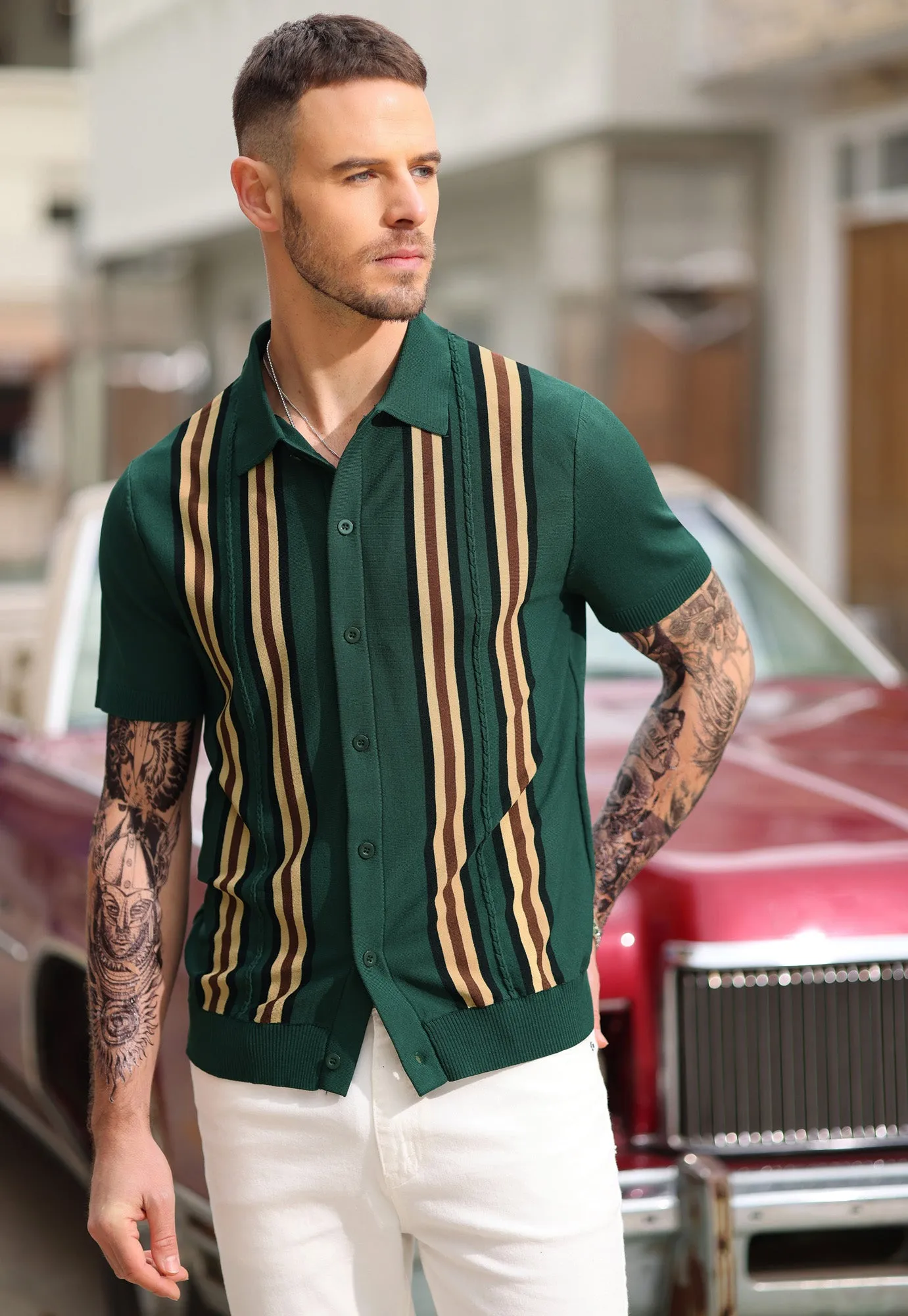 Mens Polo Shirts Vintage Striped Button Down Knitted Golf Cardigans Shirts