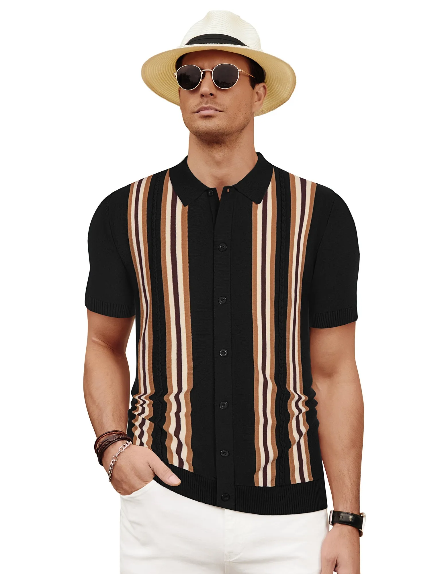 Mens Polo Shirts Vintage Striped Button Down Knitted Golf Cardigans Shirts