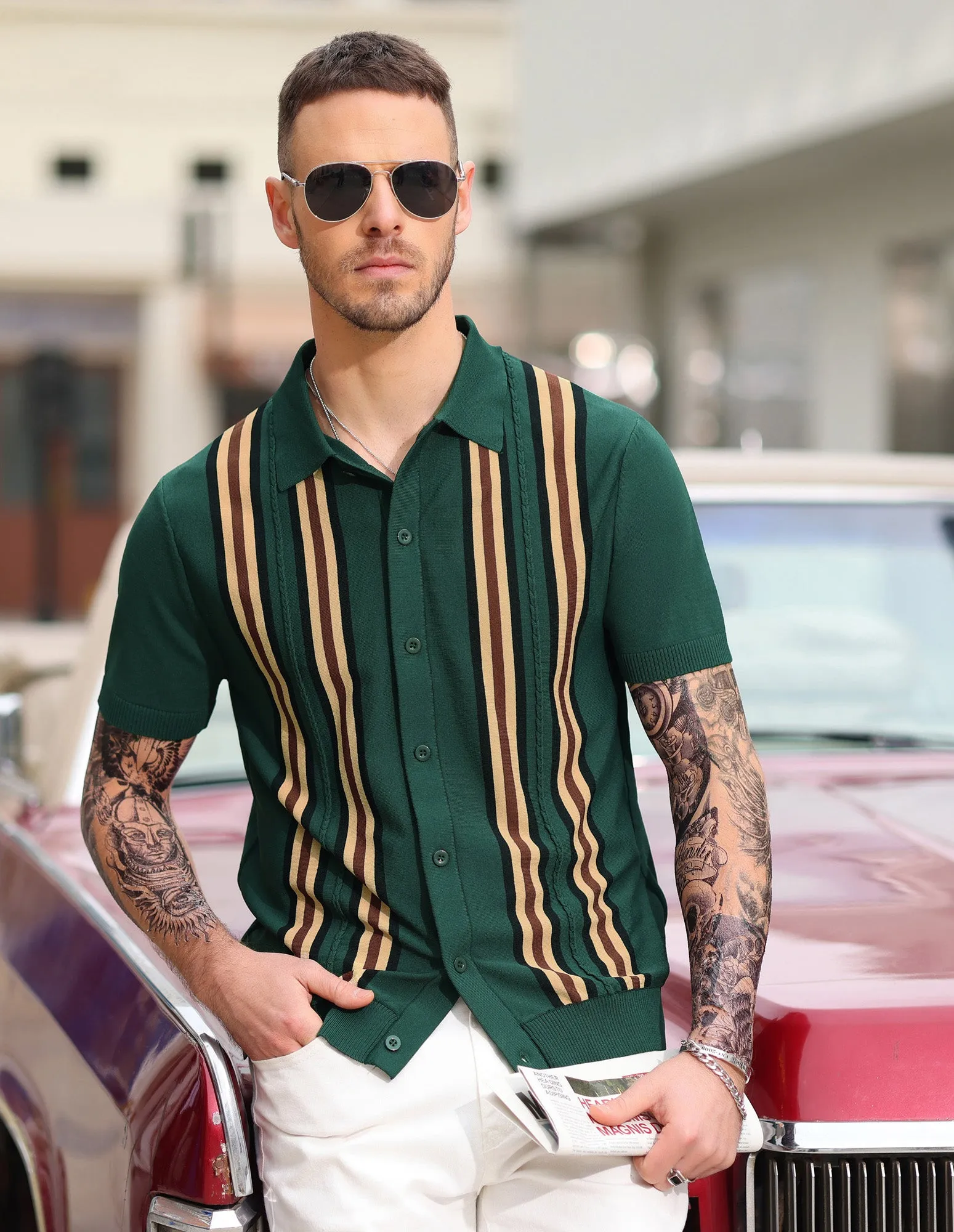 Mens Polo Shirts Vintage Striped Button Down Knitted Golf Cardigans Shirts