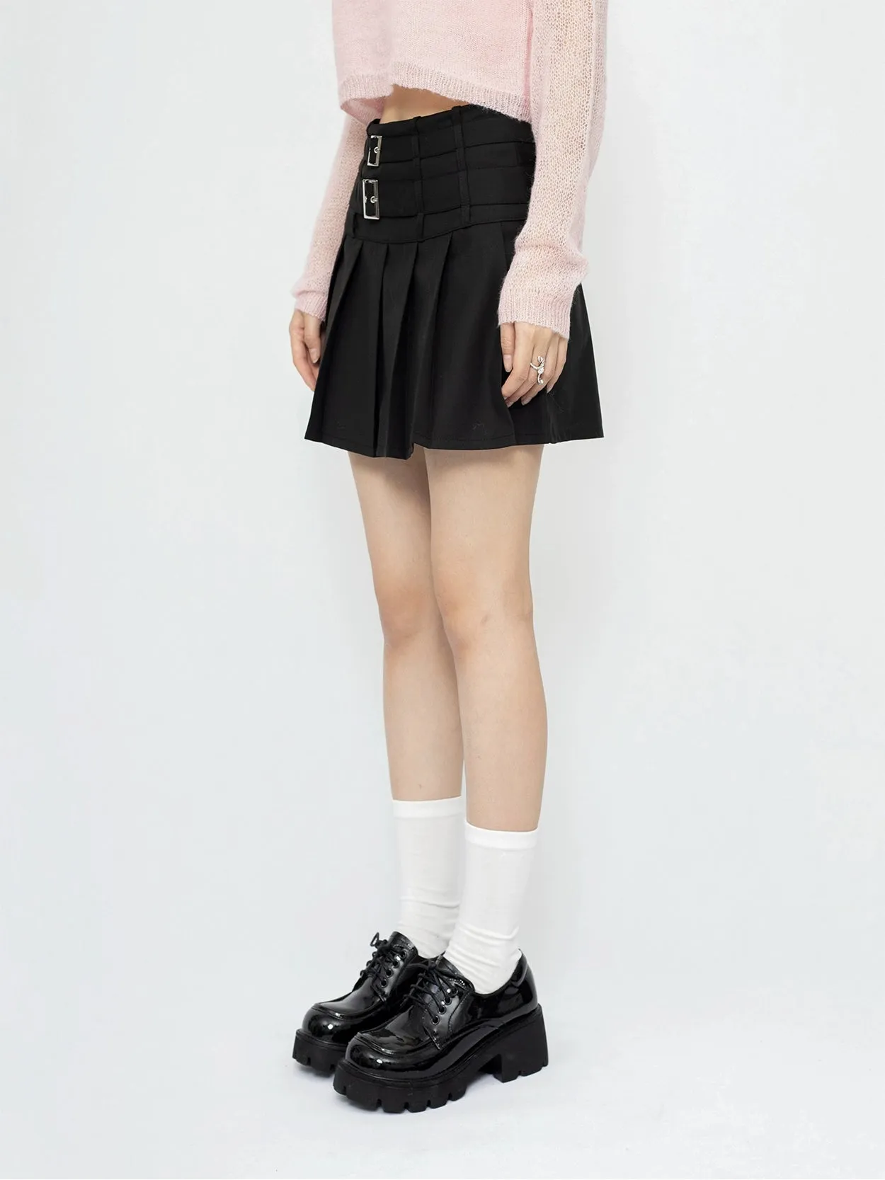 Metal Buckle A-line Pleated Skirt