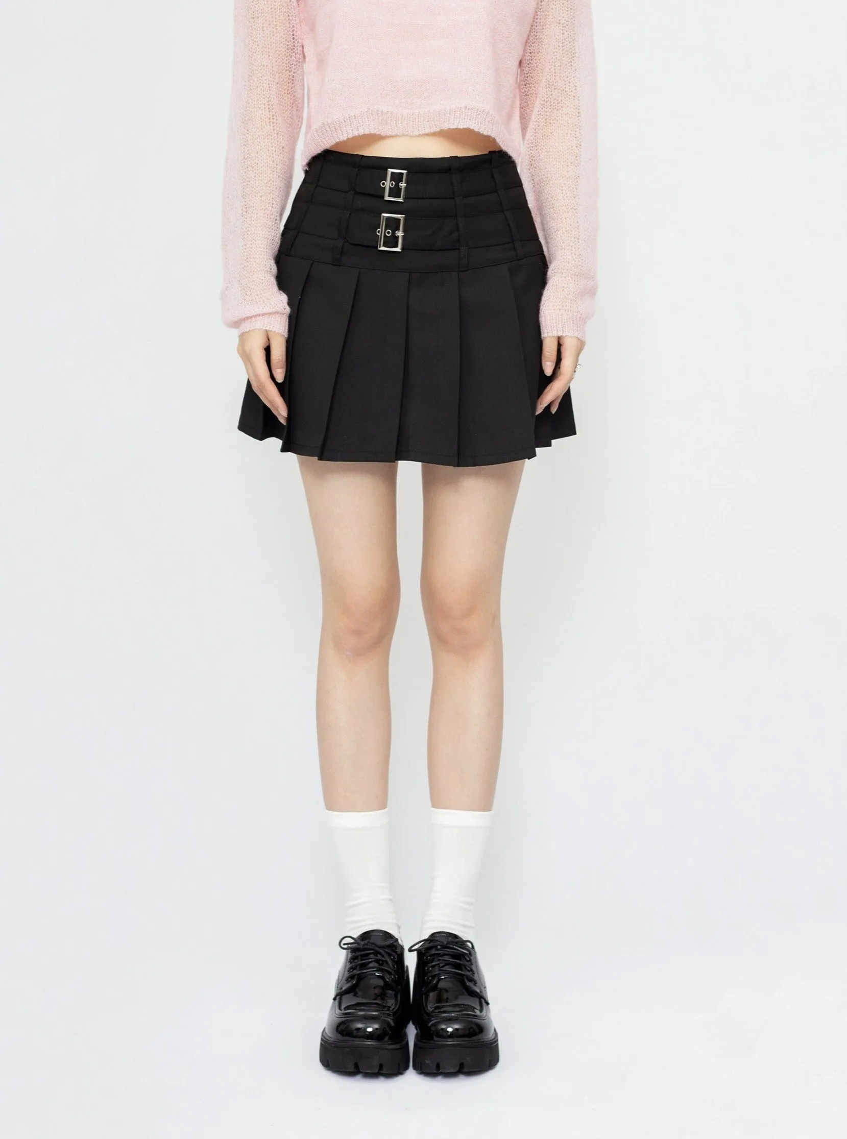 Metal Buckle A-line Pleated Skirt