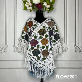 Mexican Cape Poncho Cross Stitch White Floral