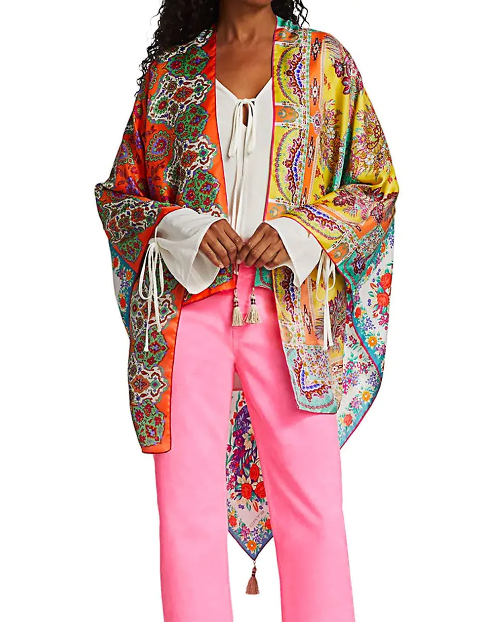 Multicolor Paisley Patchwork Silk Cape Poncho