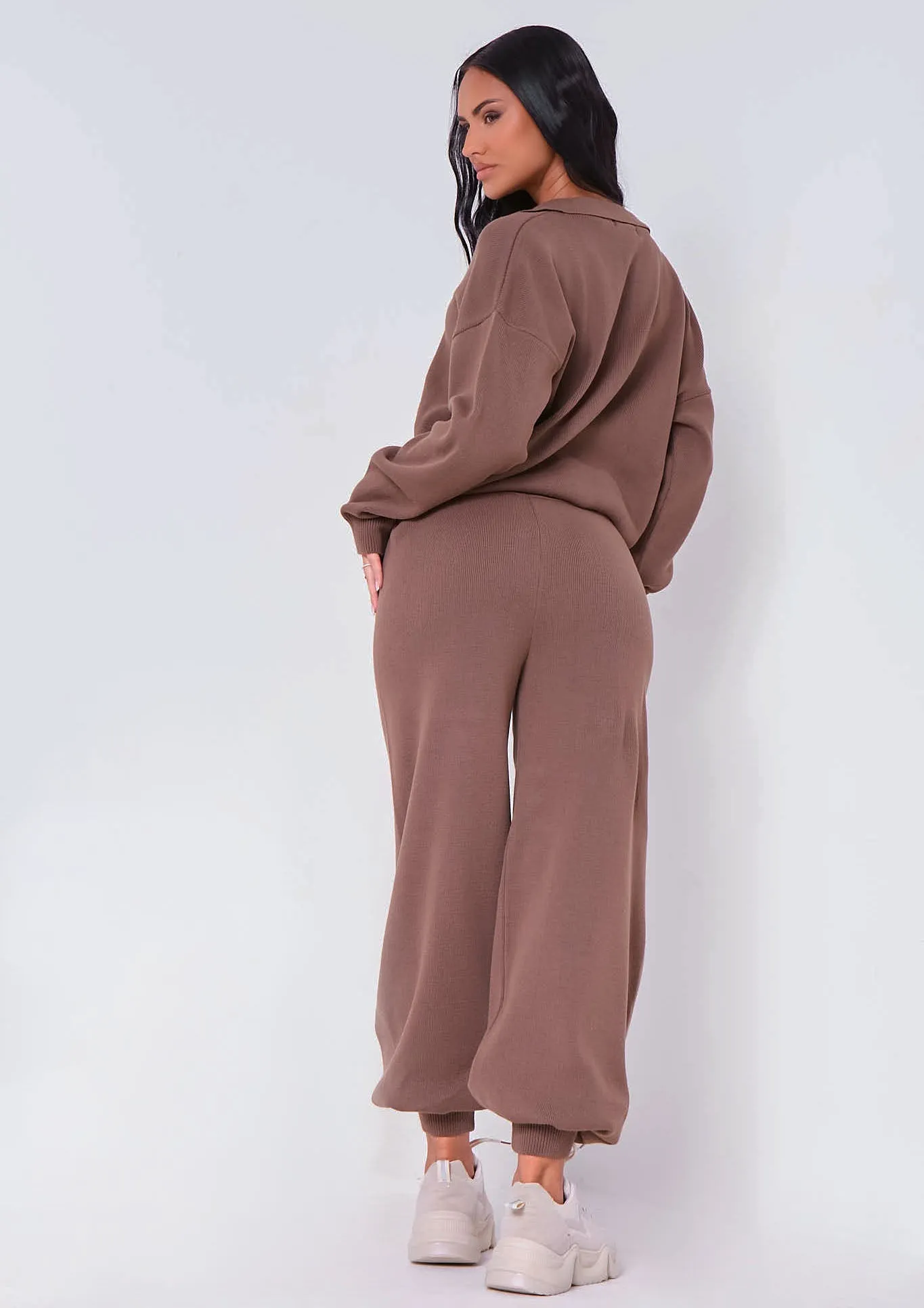 Nya Taupe V Neck Knitted Jumper And Jogger Set