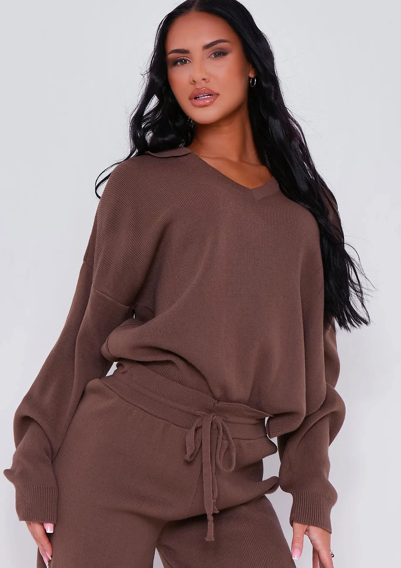 Nya Taupe V Neck Knitted Jumper And Jogger Set