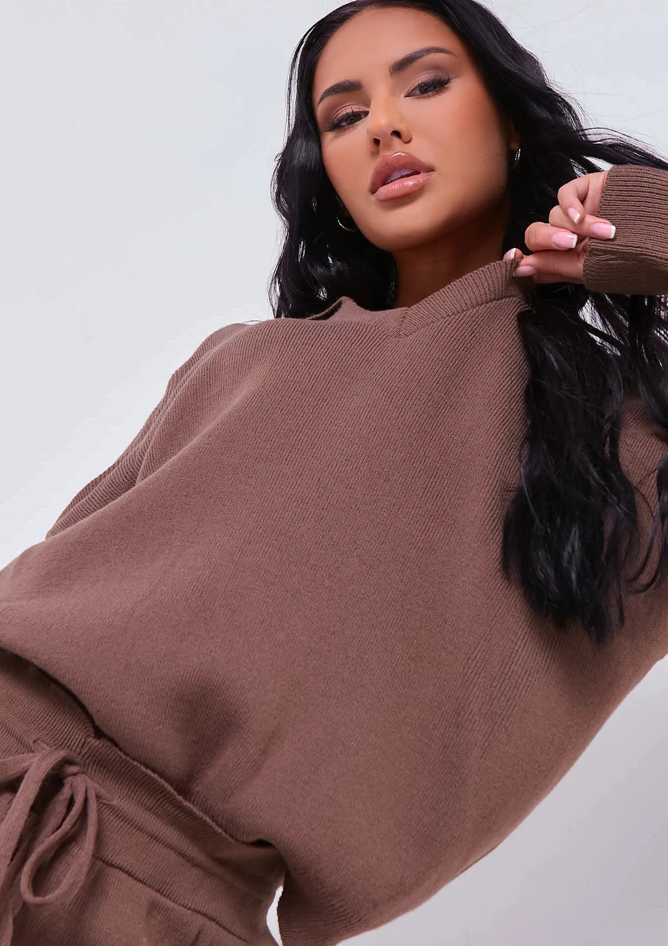 Nya Taupe V Neck Knitted Jumper And Jogger Set