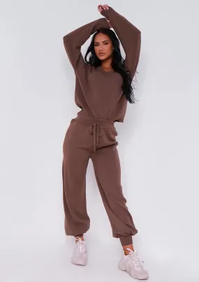 Nya Taupe V Neck Knitted Jumper And Jogger Set