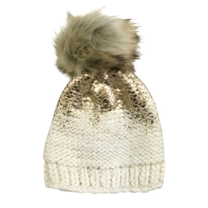 Pearl Metallic Knit Hat- Cream/Gold